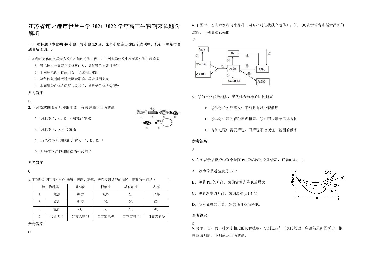 江苏省连云港市伊芦中学2021-2022学年高三生物期末试题含解析