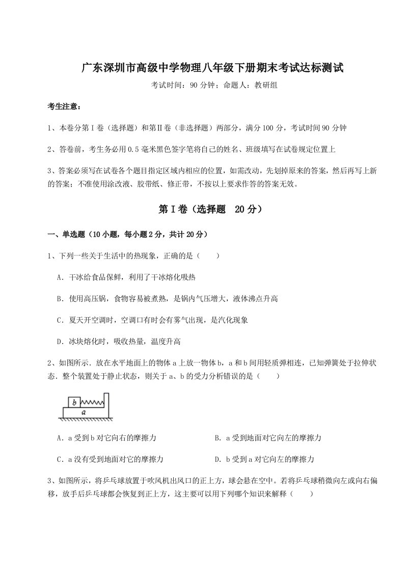 2023-2024学年度广东深圳市高级中学物理八年级下册期末考试达标测试练习题（解析版）