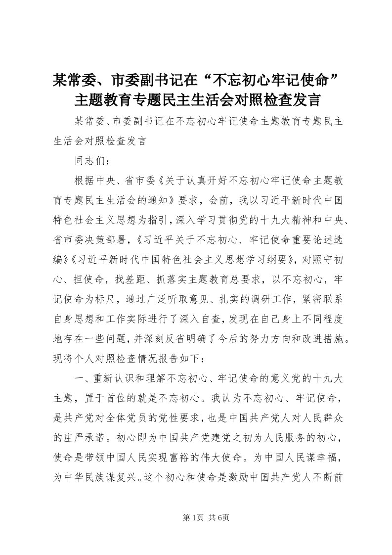 4某常委、市委副书记在“不忘初心牢记使命”主题教育专题民主生活会对照检查讲话