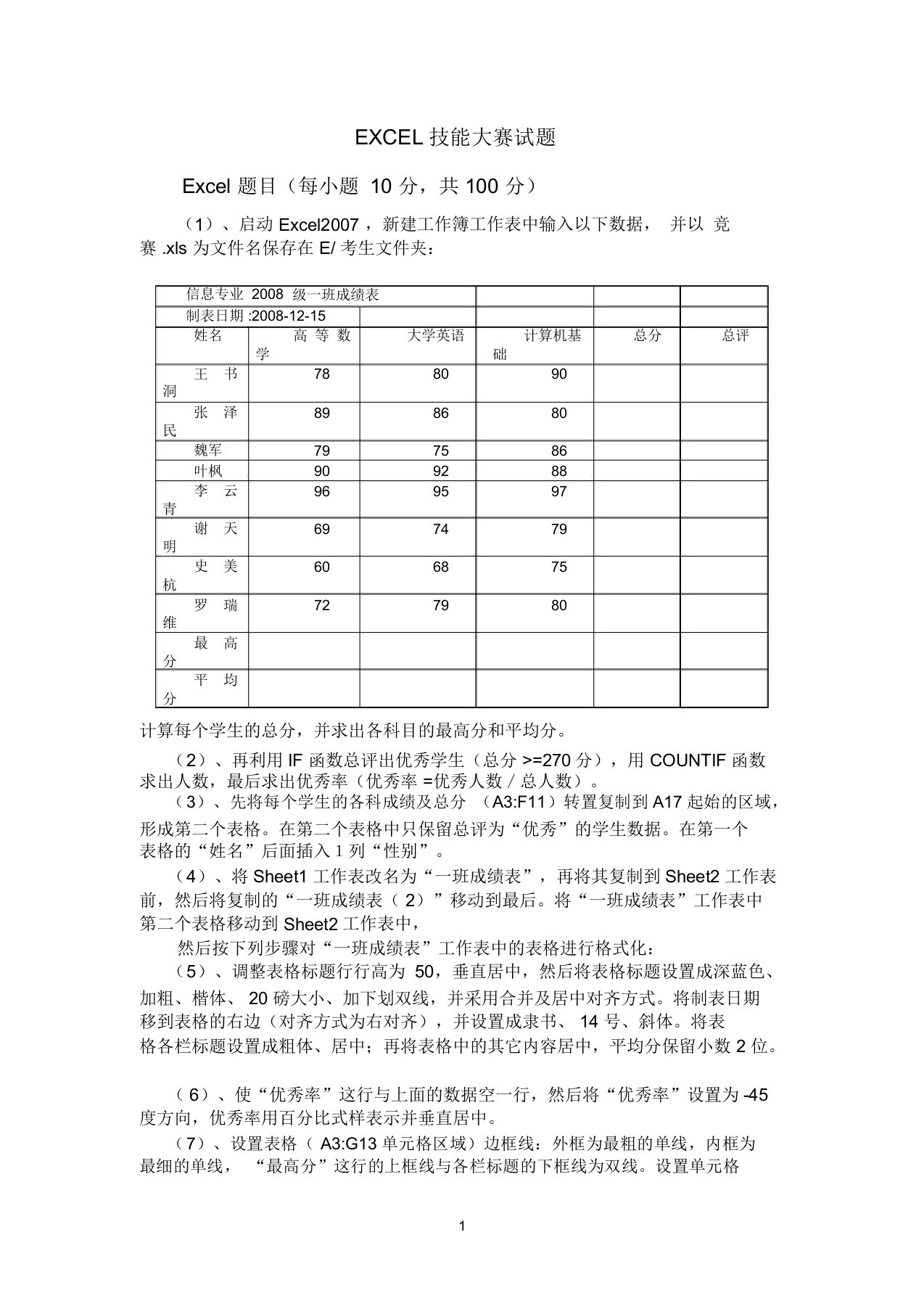 excel技能大赛试题