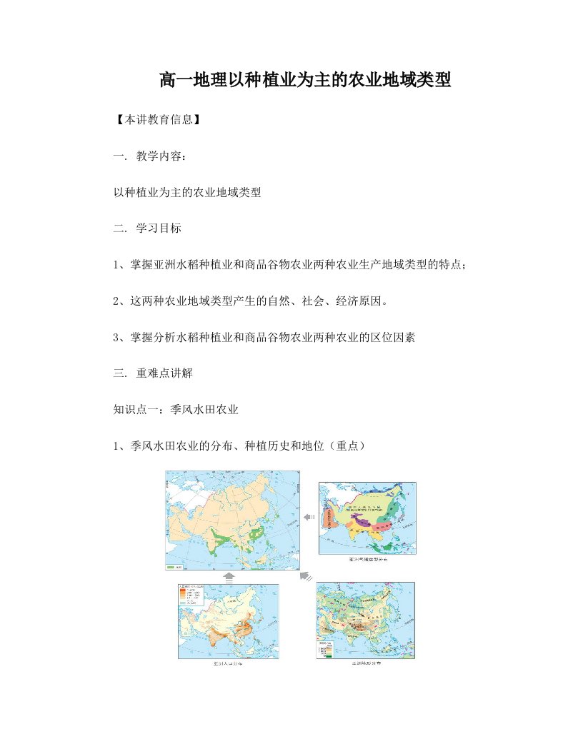 ipfAAA高一地理以种植业为主的农业地域类型人教实验版知识精讲