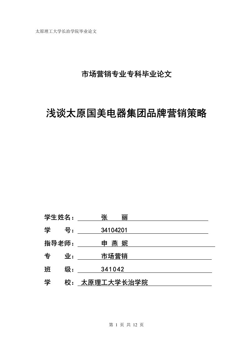 市场营销专业专科毕业论文--国美电器集团品牌营销策略-毕业论文