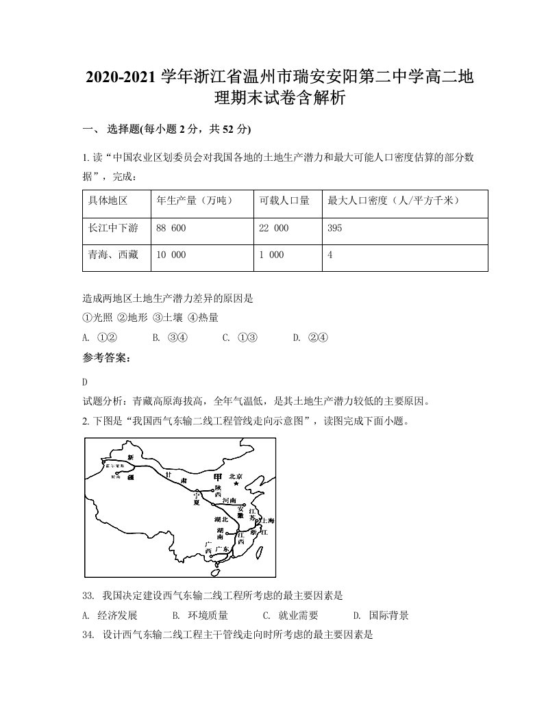 2020-2021学年浙江省温州市瑞安安阳第二中学高二地理期末试卷含解析