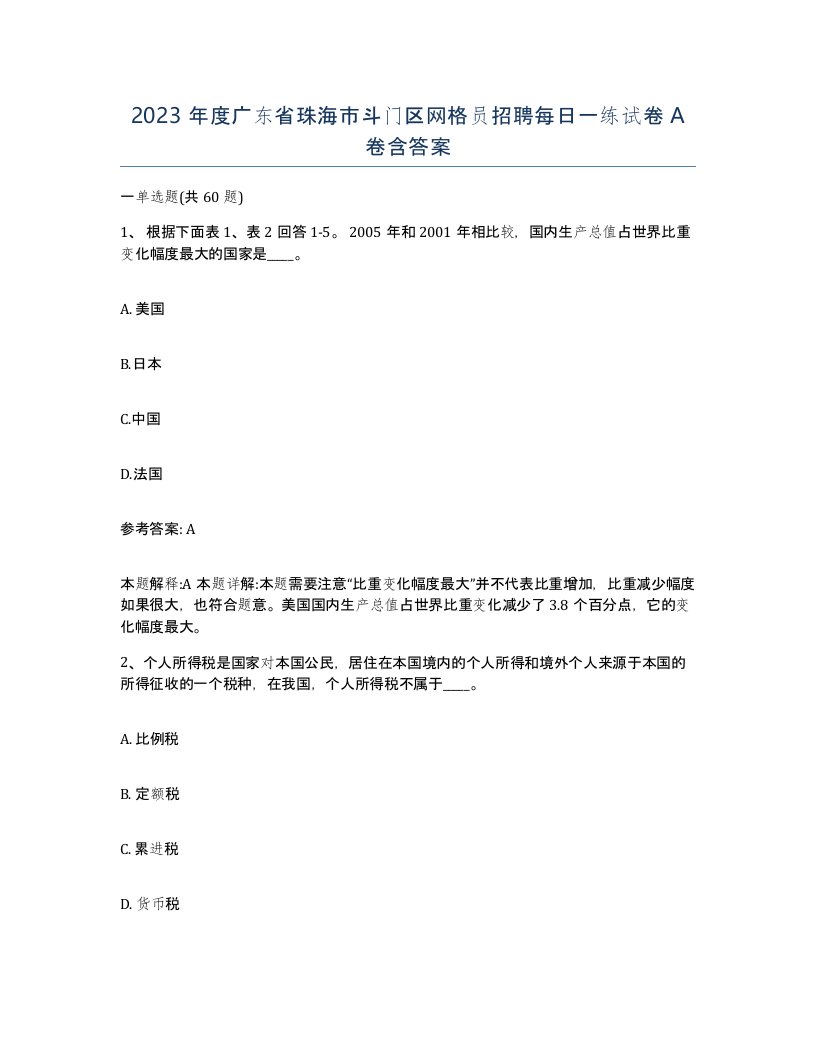 2023年度广东省珠海市斗门区网格员招聘每日一练试卷A卷含答案