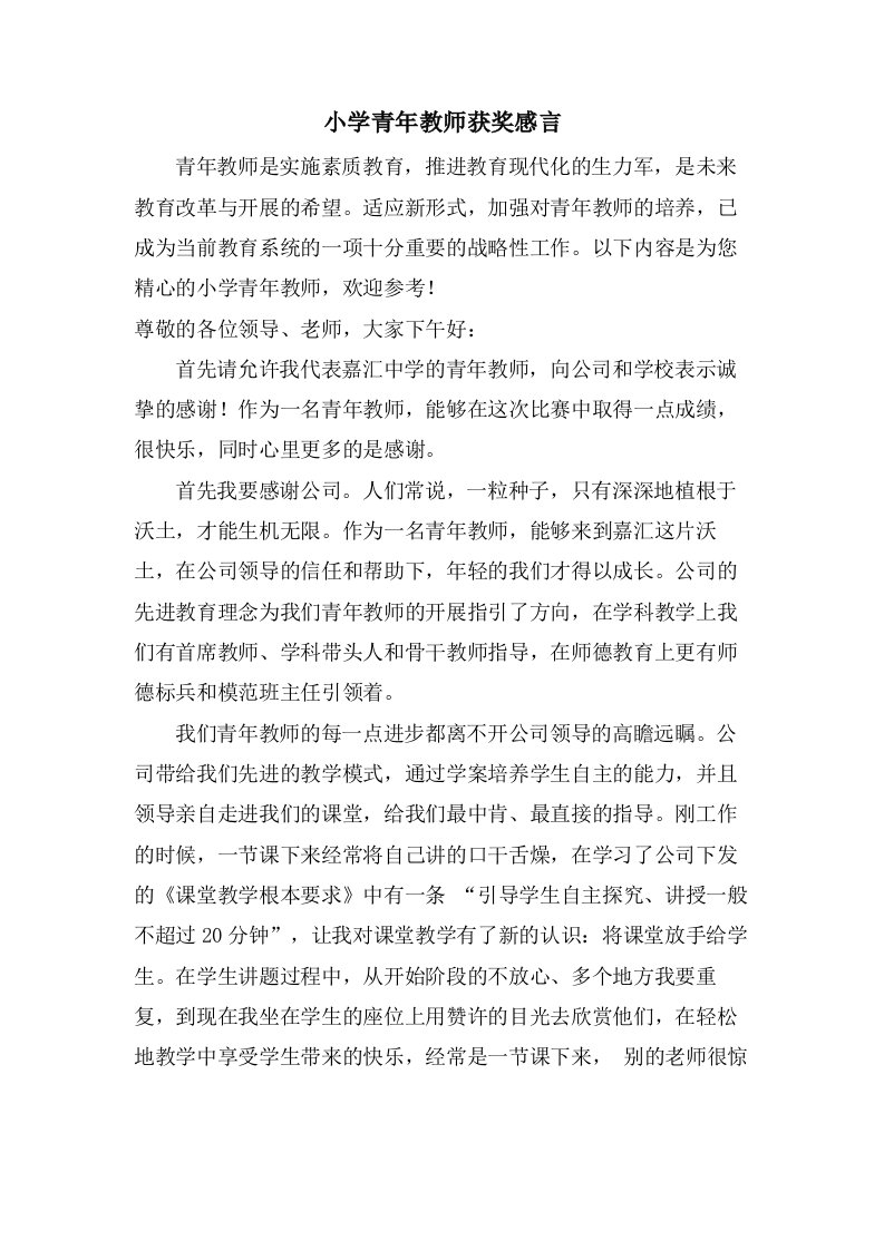 小学青年教师获奖感言