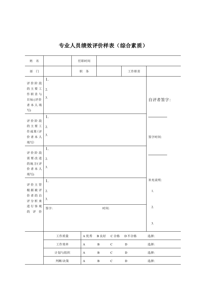 专业人员绩效评价样表(综合素质)