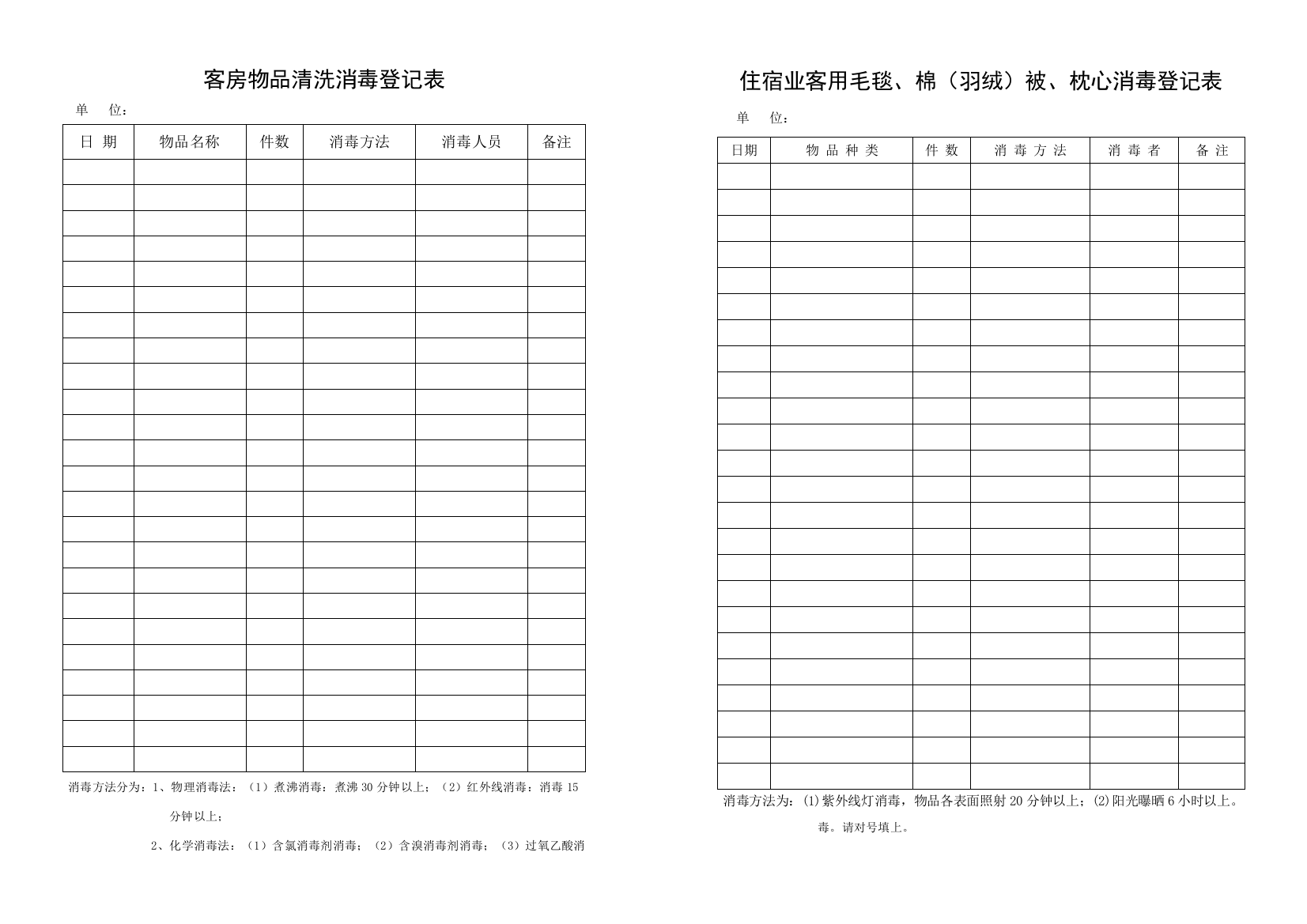 客房物品清洗消毒记录表