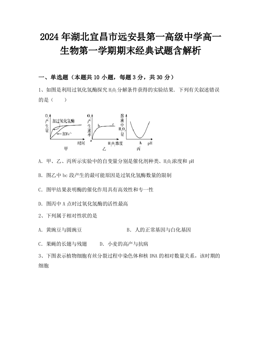 2024年湖北宜昌市远安县第一高级中学高一生物第一学期期末经典试题含解析