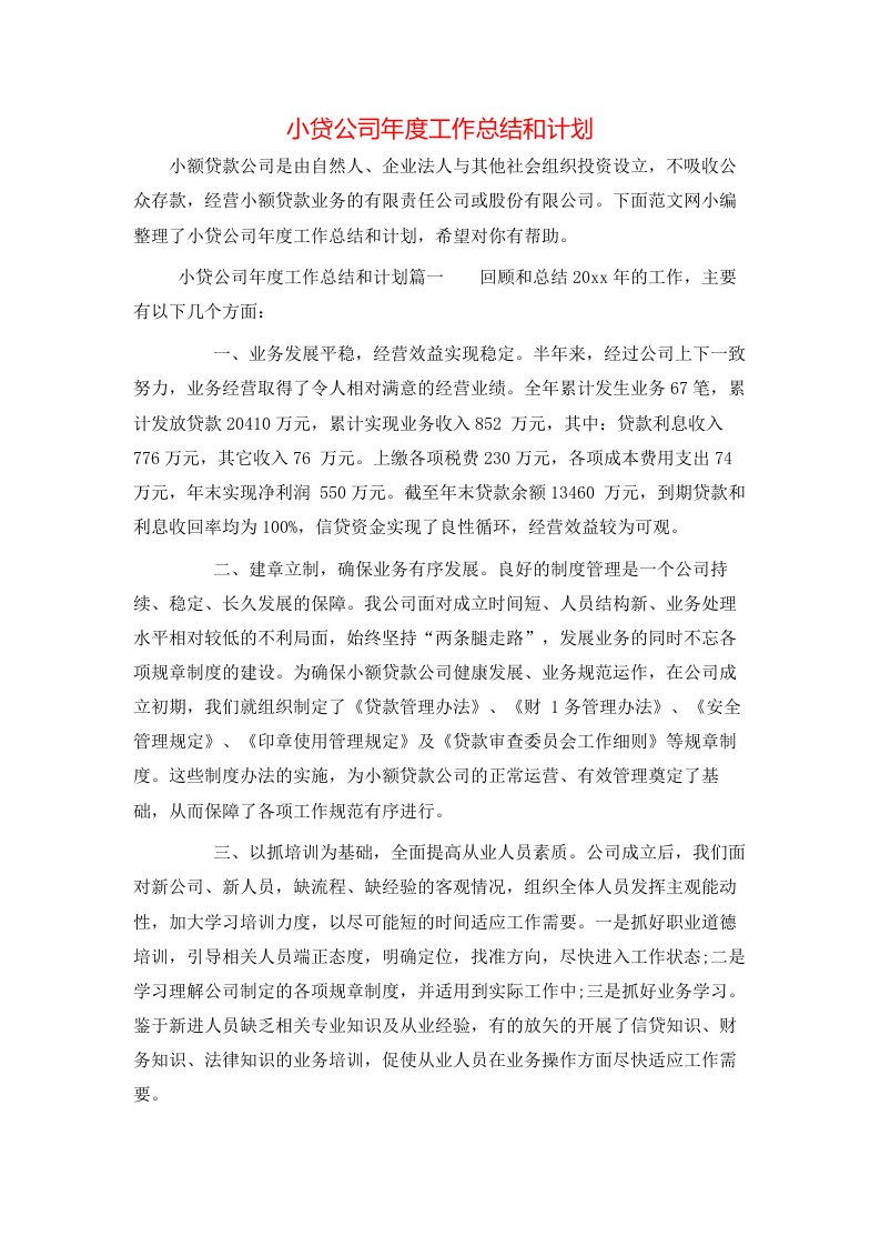 小贷公司年度工作总结和计划