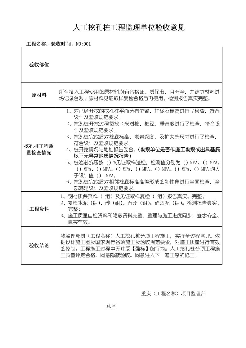 人工挖孔桩分项工程监理单位验收意见