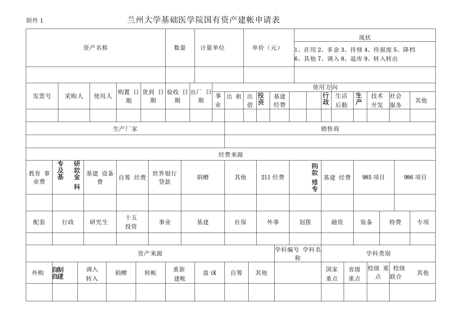 现状兰州大学基础医学院国有资产建帐申请表