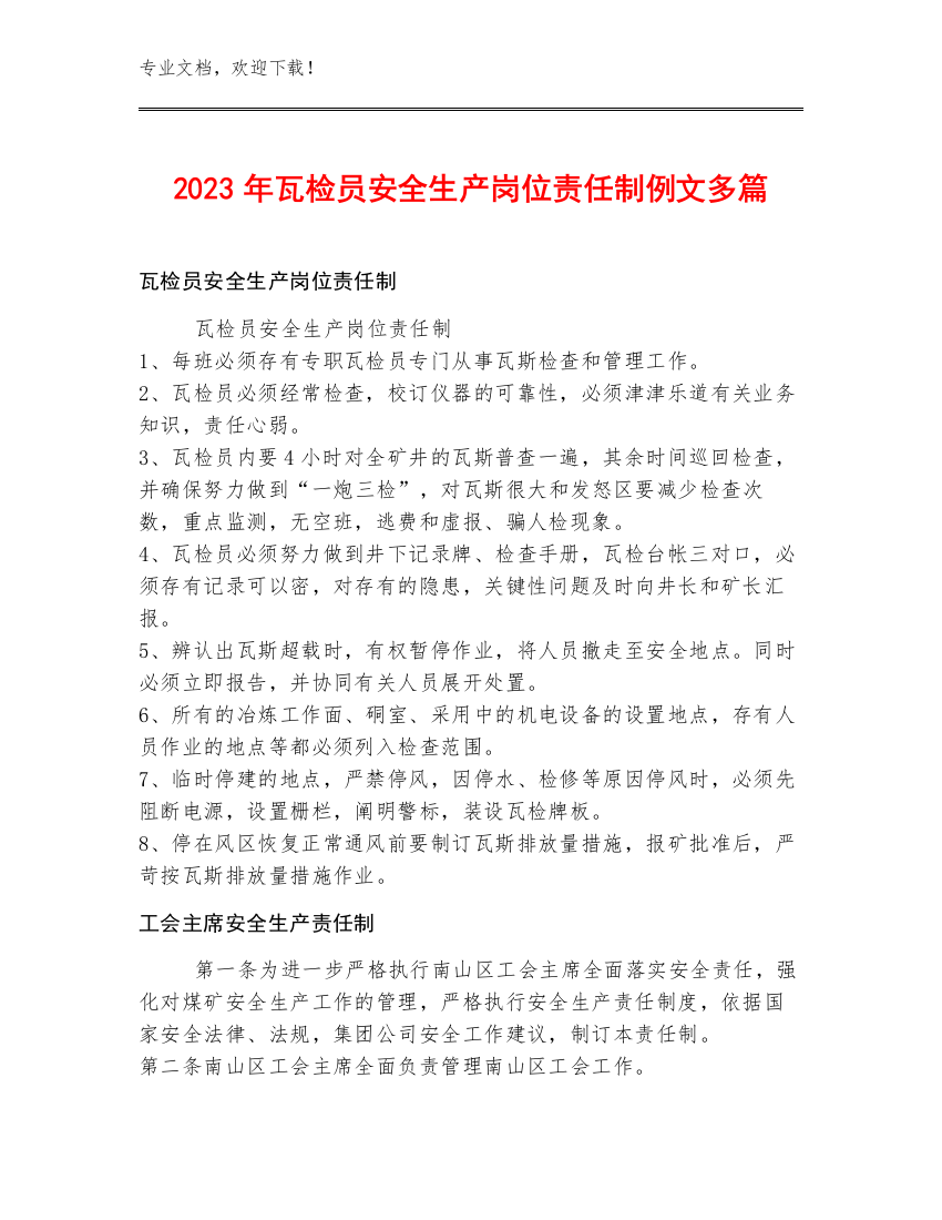 2023年瓦检员安全生产岗位责任制例文多篇