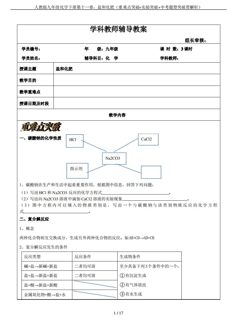 人教版九年级化学下册第十一章盐和化肥(重难点突破实验突破中考题型突破带解析)