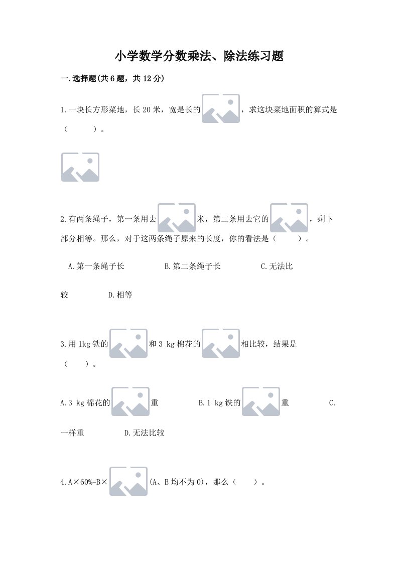 小学数学分数乘法、除法练习题及答案【真题汇编】