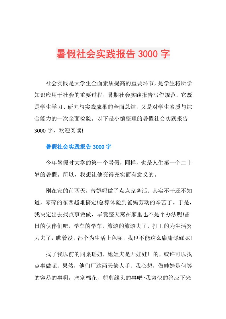 暑假社会实践报告3000字