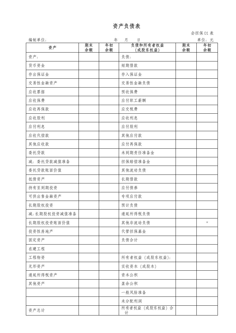 融资性担保公司财务报表