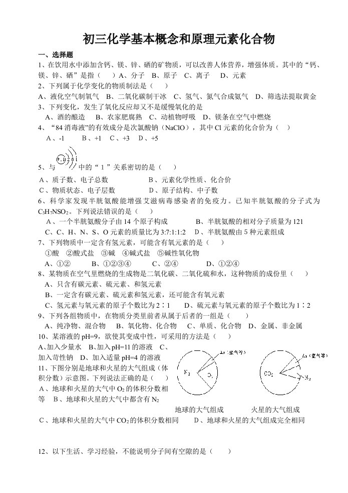 初三化学元素化合物复习专题