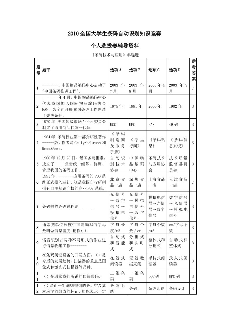 全国大学生条码自动识别知识竞赛练习题