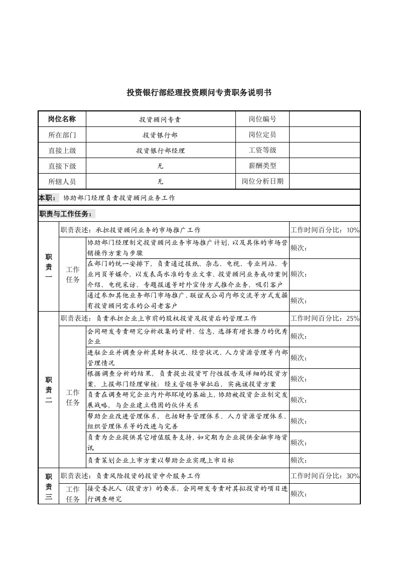 信托投资公司投资银行部经理投资顾问专责职务说明书