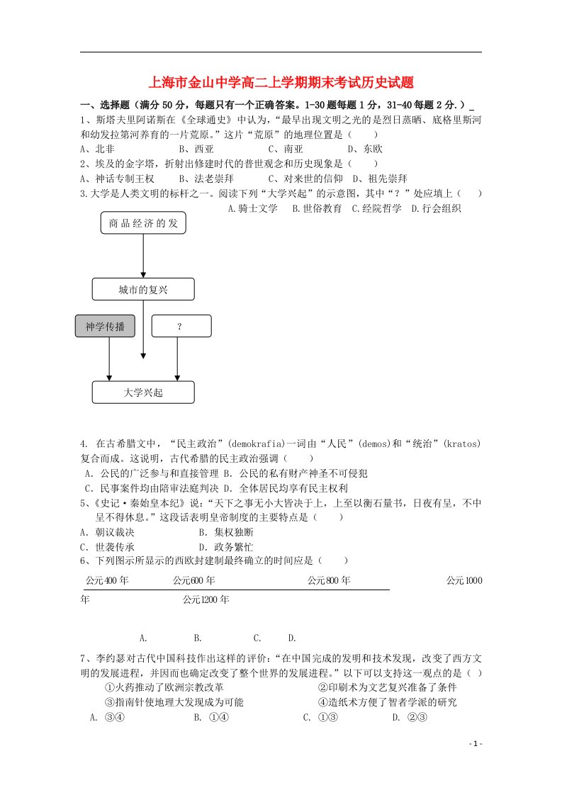 上海市金山中学高二历史上学期期末考试试题