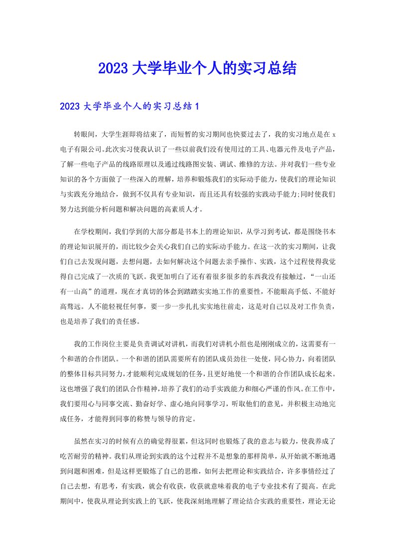 2023大学毕业个人的实习总结