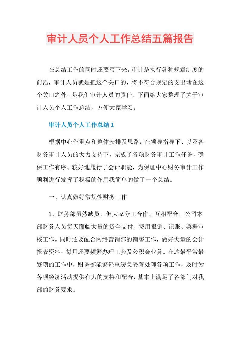 审计人员个人工作总结五篇报告