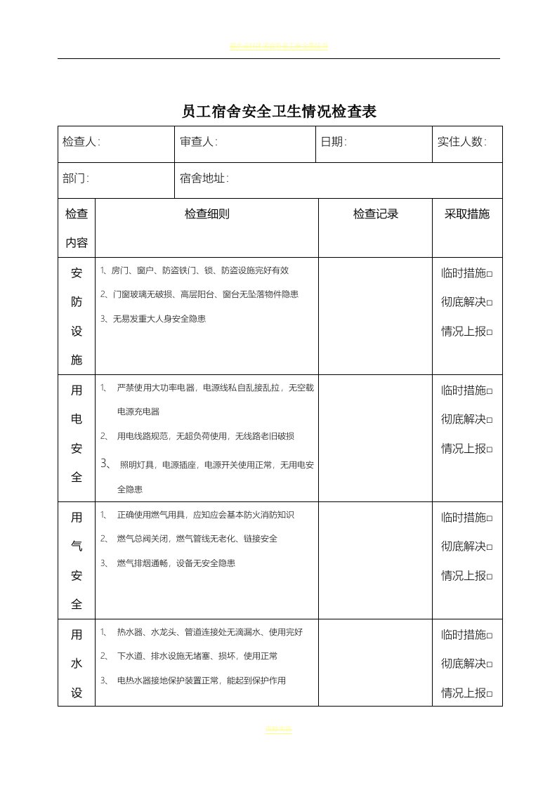 【表格】公司员工宿舍安全卫生检查表