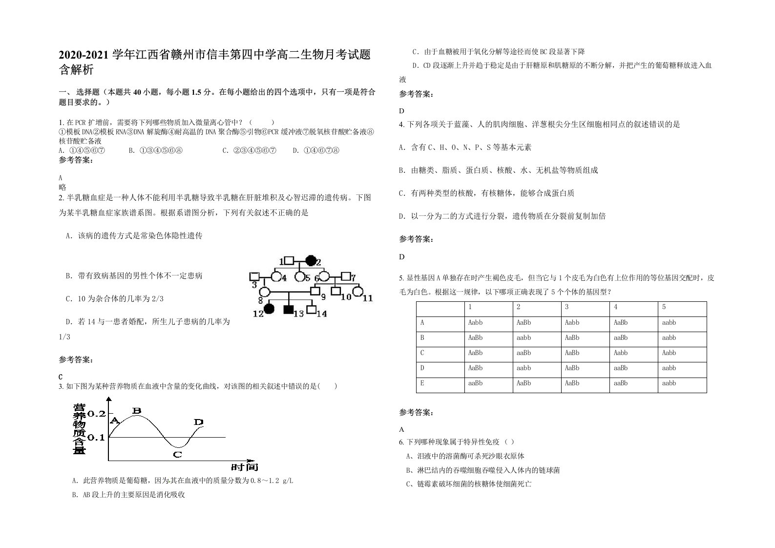 2020-2021学年江西省赣州市信丰第四中学高二生物月考试题含解析