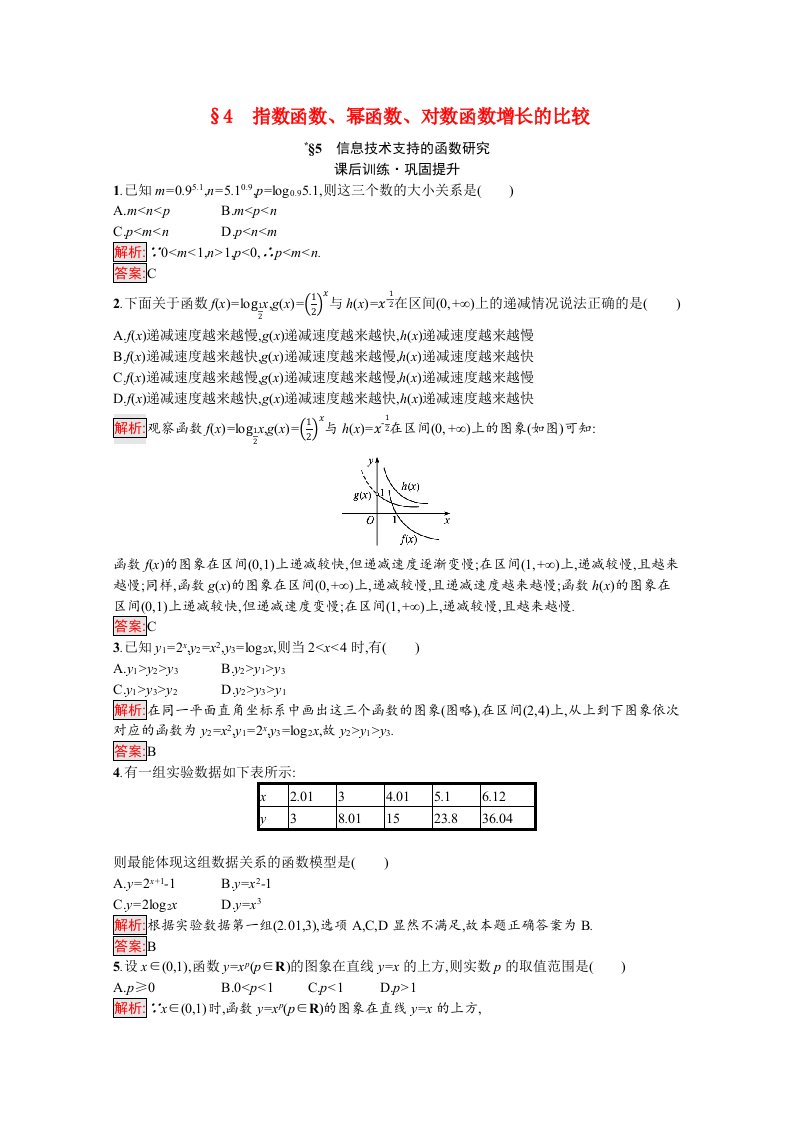 2021_2022学年新教材高中数学第4章对数运算与对数函数4_5指数函数幂函数对数函数增长的比较信息技术支持的函数研究课后训练巩固提升含解析北师大版必修第一册20210604242