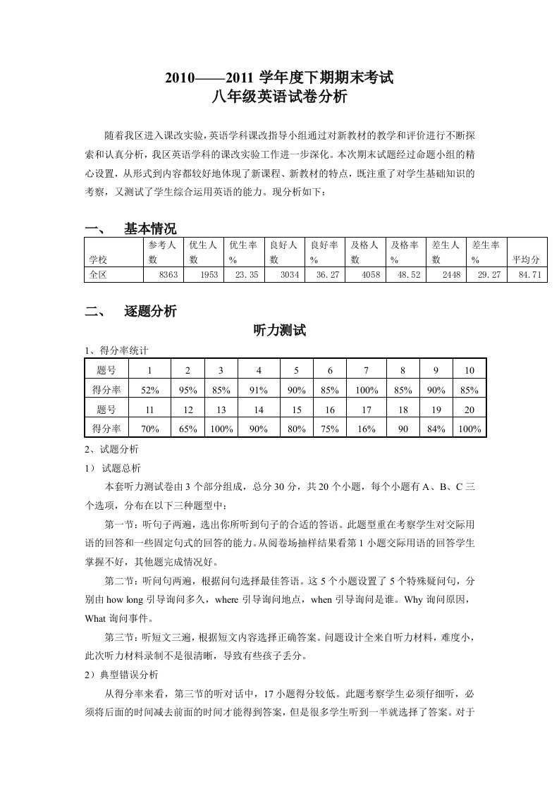 试卷分析(八年级英语)