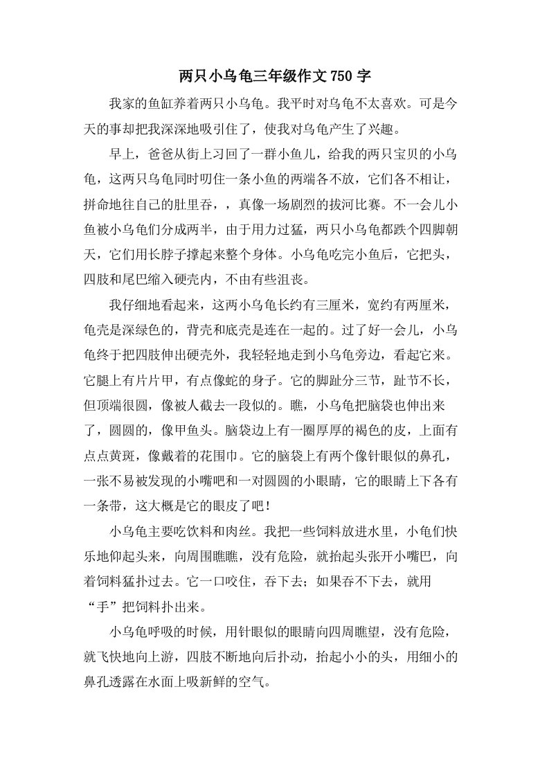 两只小乌龟三年级作文750字