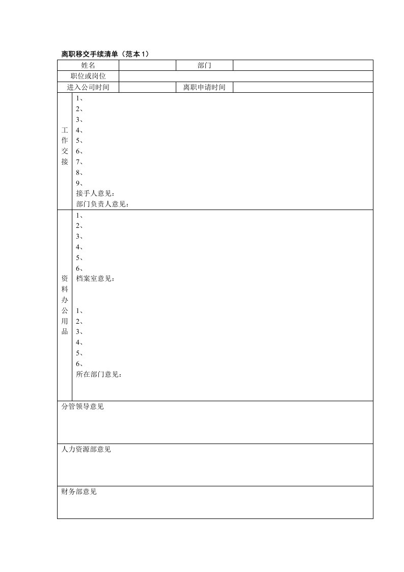 考勤管理-离职移交手续清单