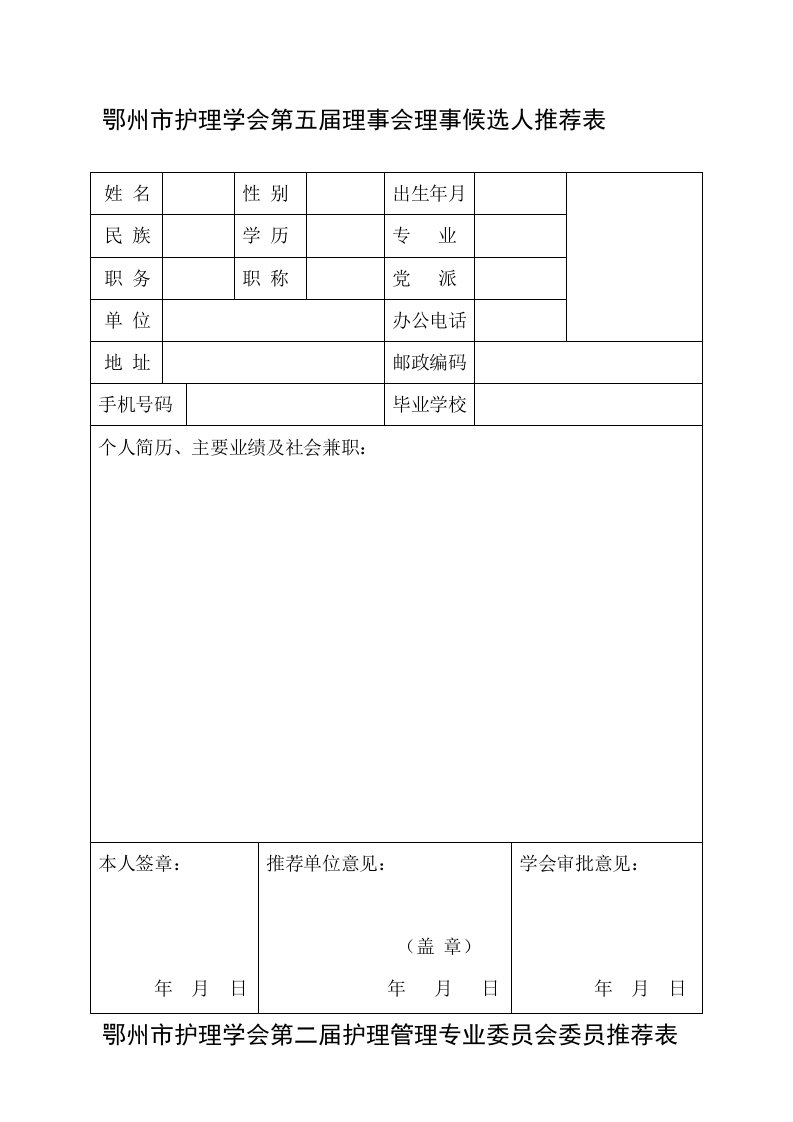 护理学会及各专业委员会候选人推荐表