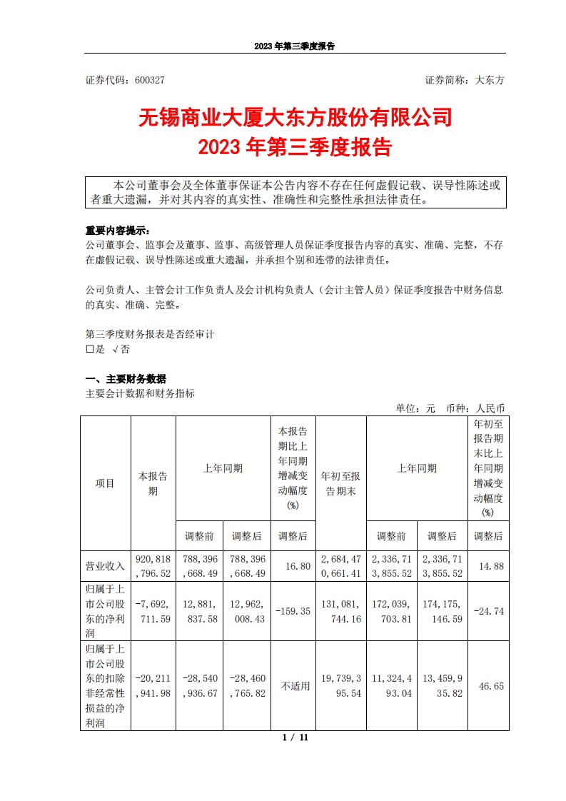 上交所-大东方2023年第三季度报告-20231023