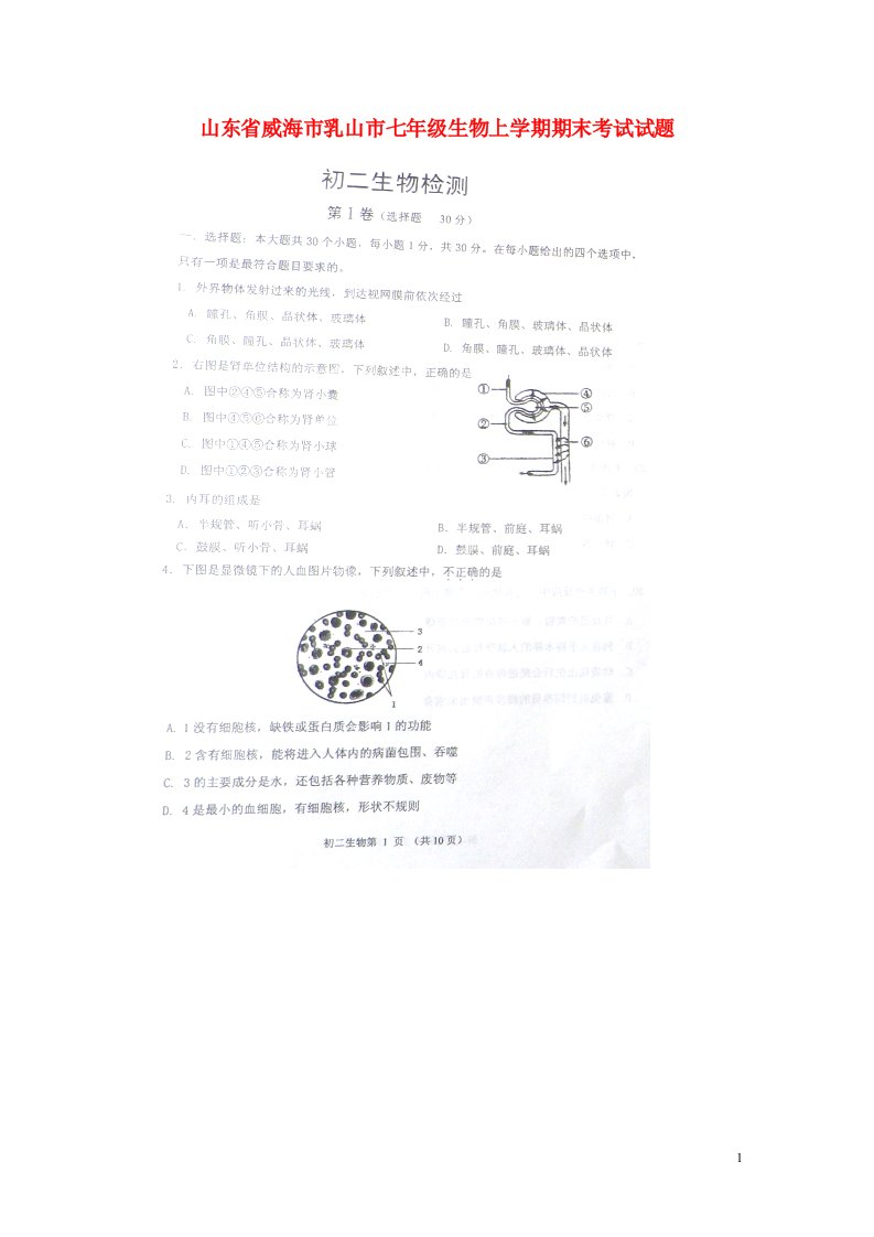 山东省威海市乳山市七级生物上学期期末考试试题（扫描版，无答案）