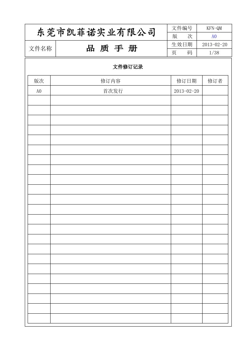 《凯菲诺五金制品公司ISO9001-2008KFN-QM质量手册》(38页)-质量手册