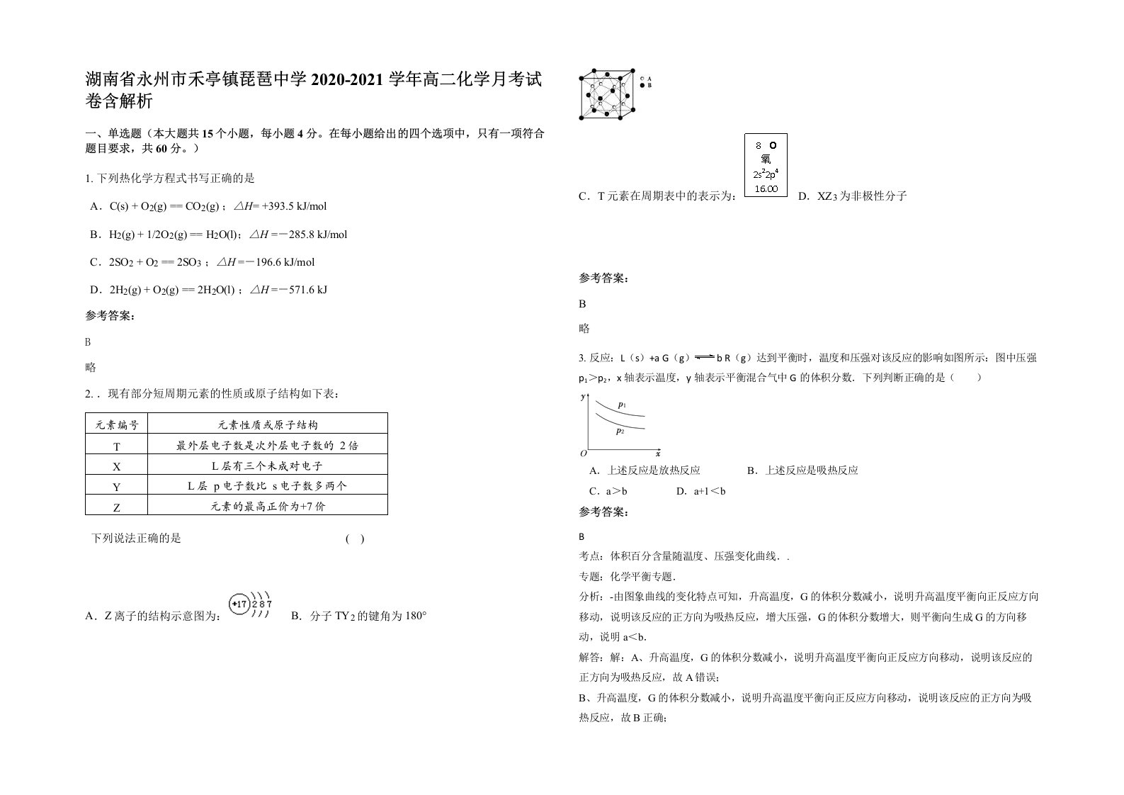 湖南省永州市禾亭镇琵琶中学2020-2021学年高二化学月考试卷含解析