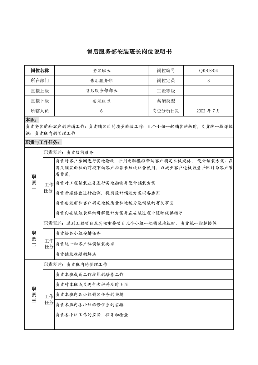 材料行业-售后服务部-安装班长岗位说明书