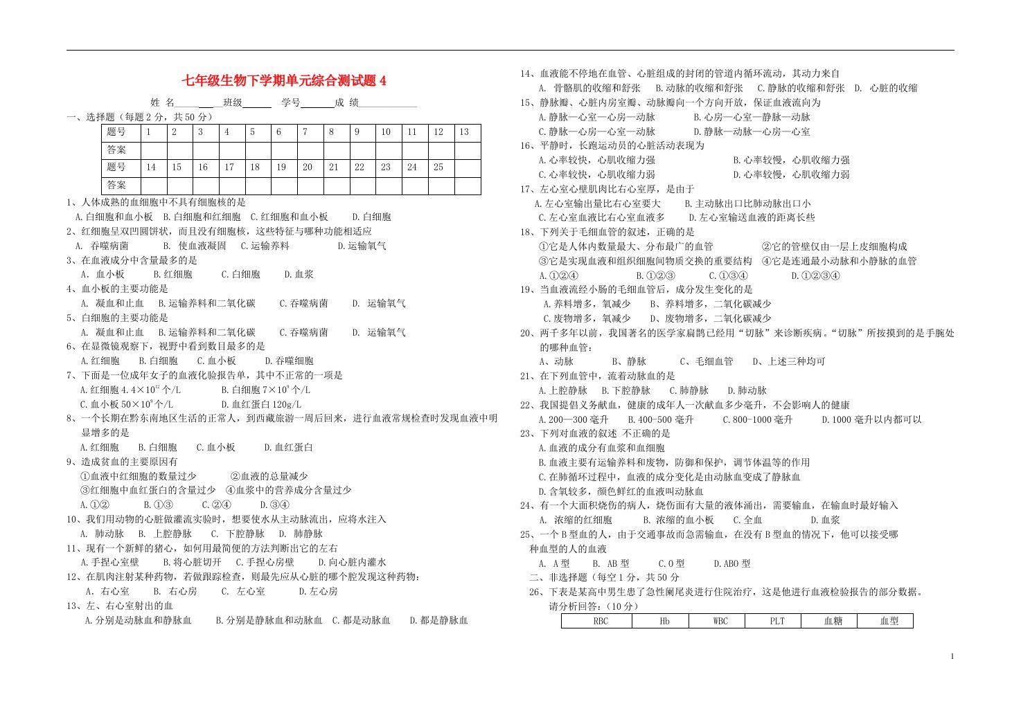 七级生物下学期单元综合测试题4