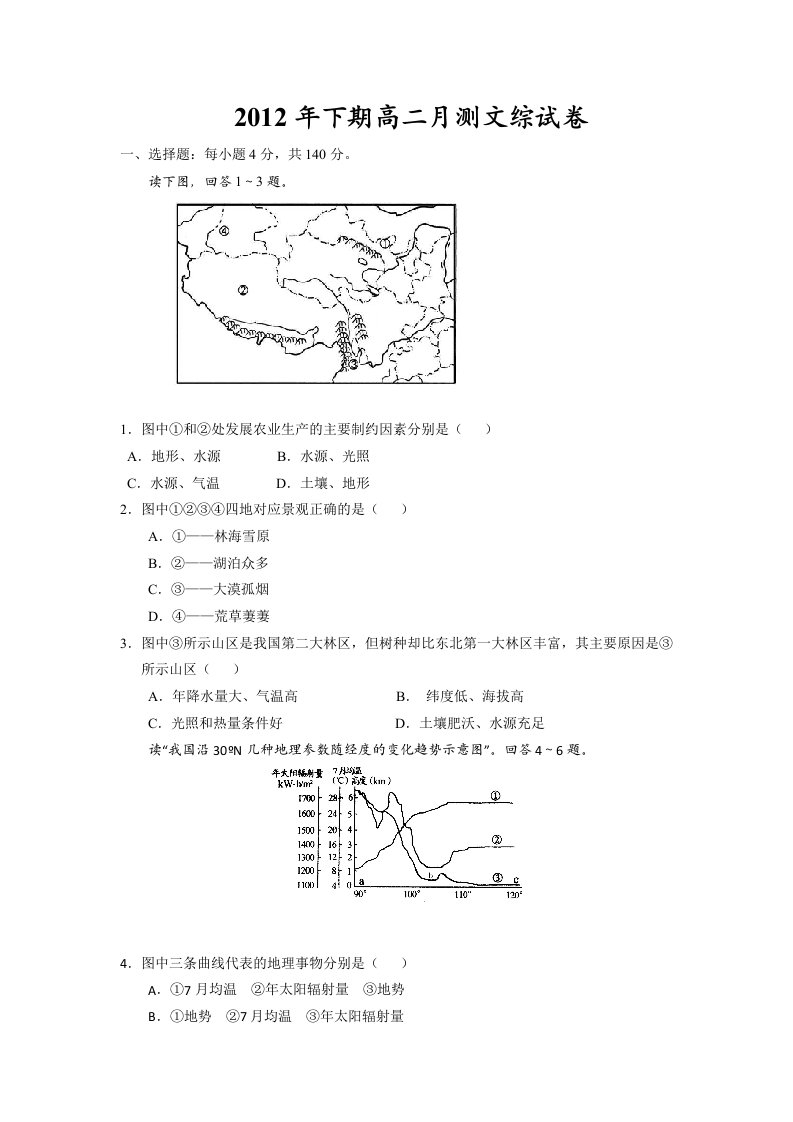 2012年下期高二月测文综试卷