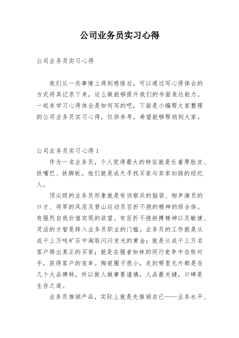 公司业务员实习心得