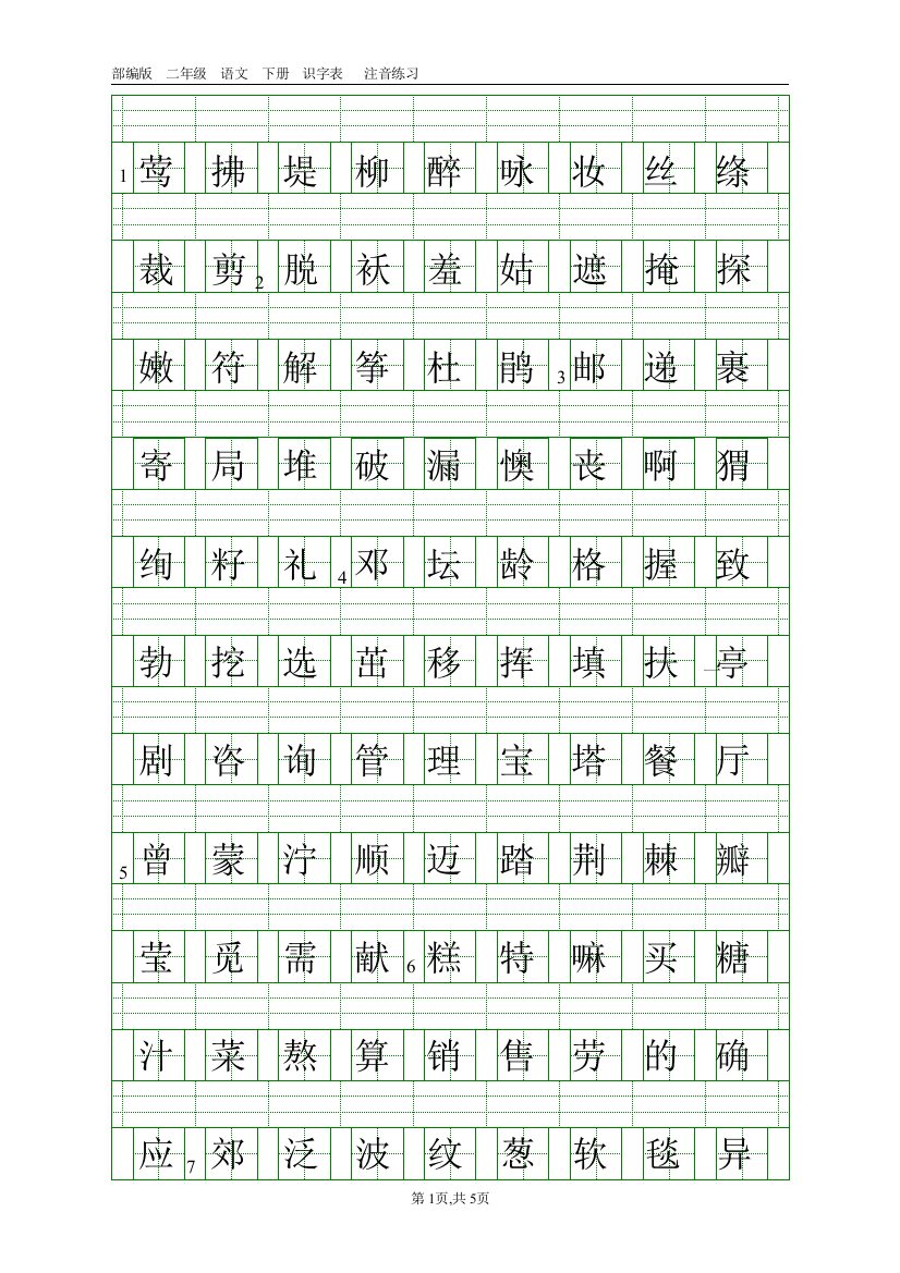 部编版二年级语文下册识字表生字注音(田字格)