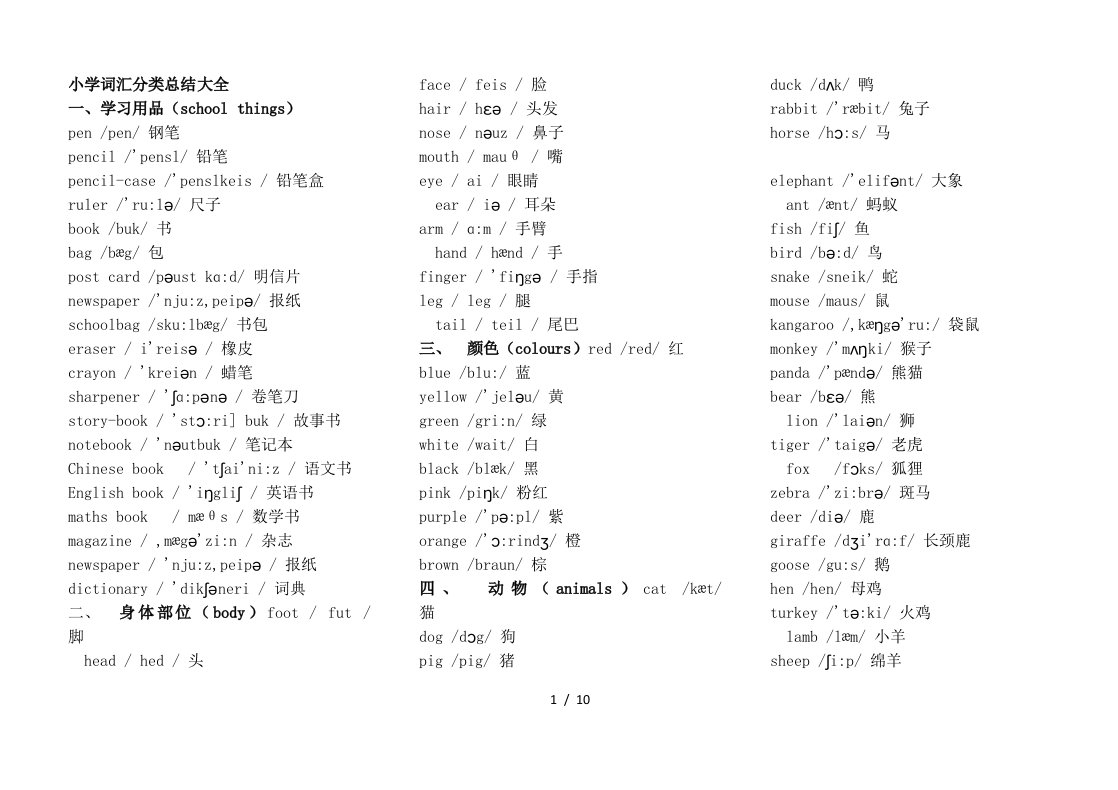 小学英语单词分类表大全a4完美打印版