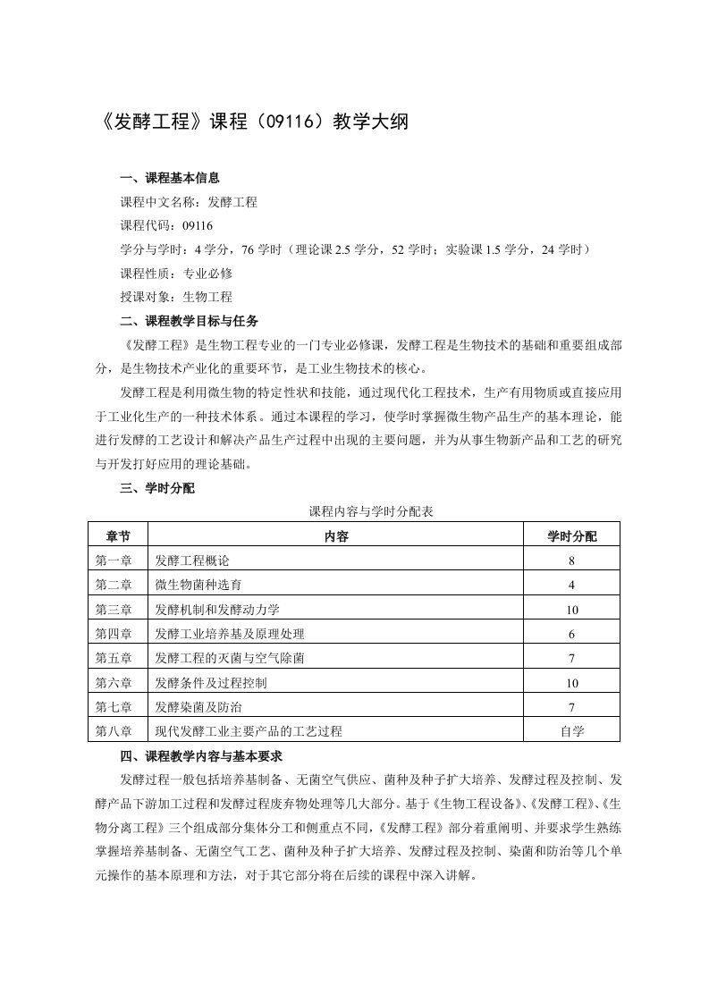 09116发酵工程教学大纲