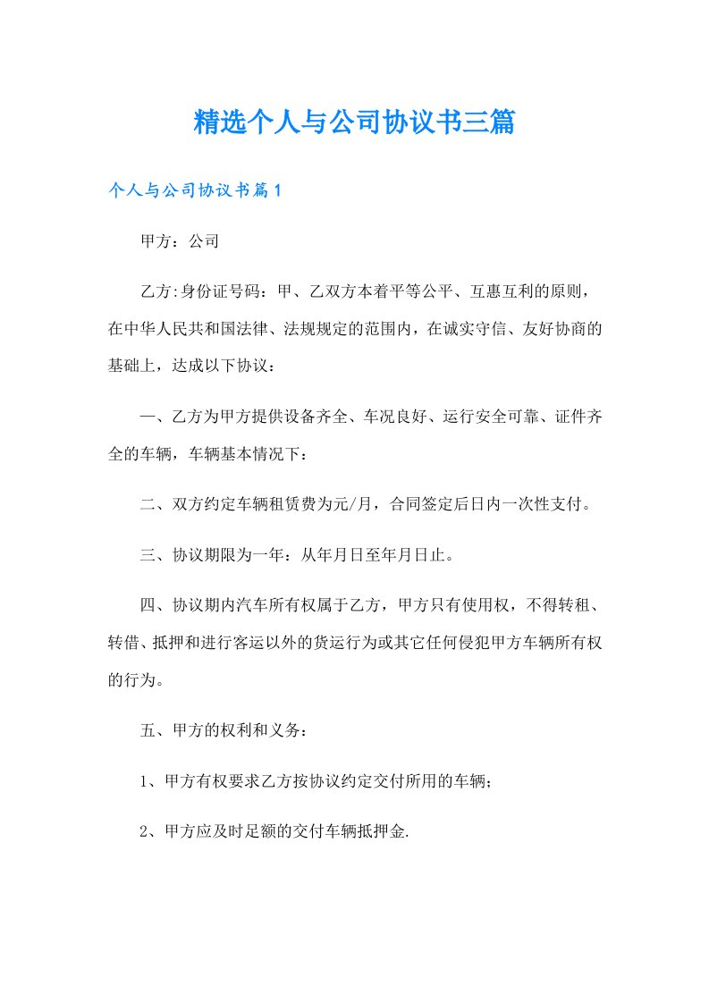 精选个人与公司协议书三篇