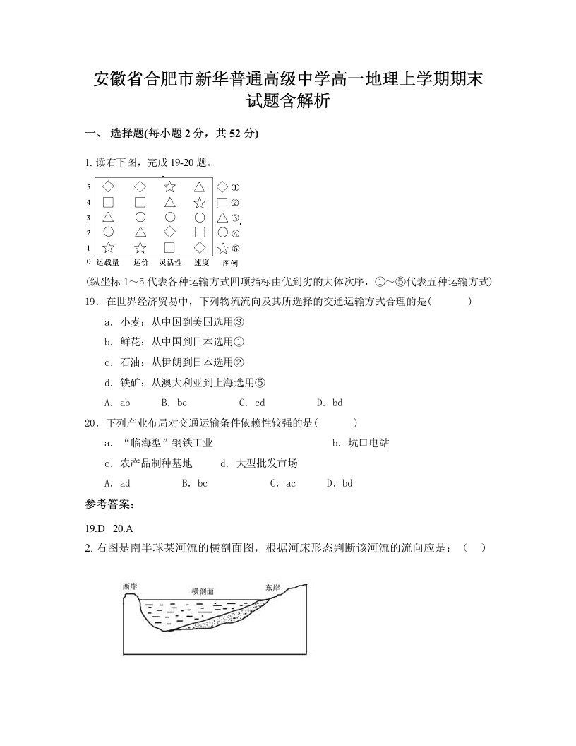 安徽省合肥市新华普通高级中学高一地理上学期期末试题含解析