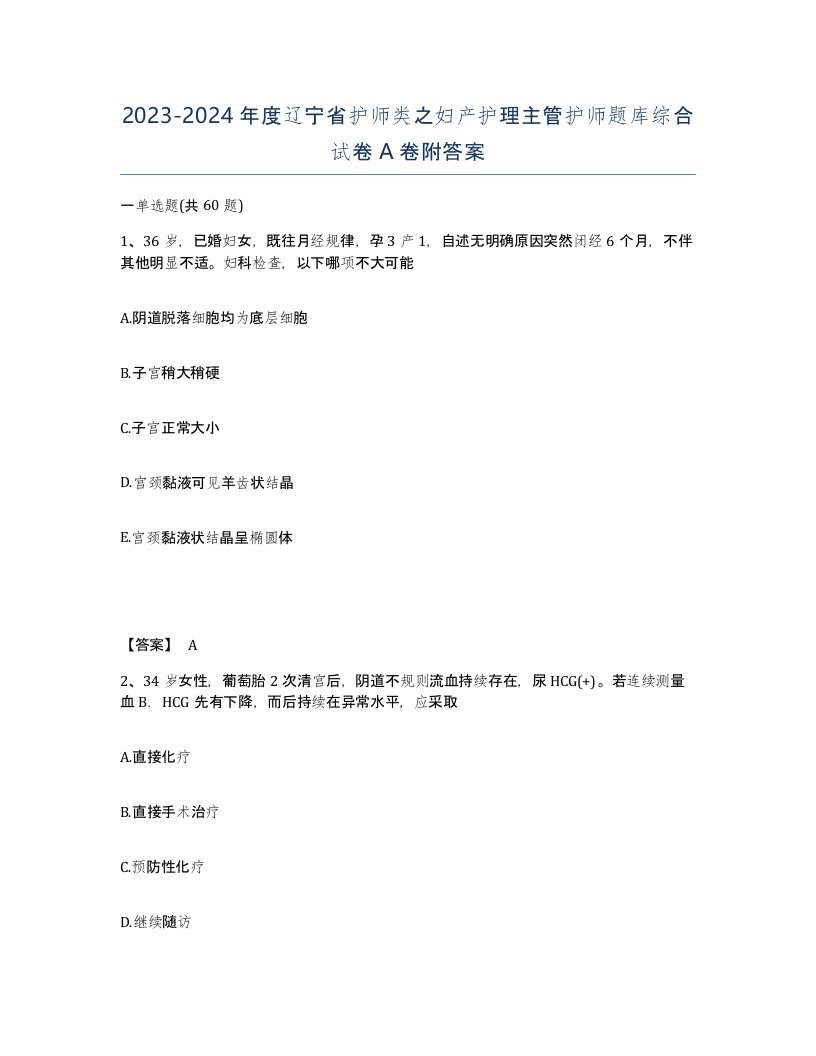 2023-2024年度辽宁省护师类之妇产护理主管护师题库综合试卷A卷附答案