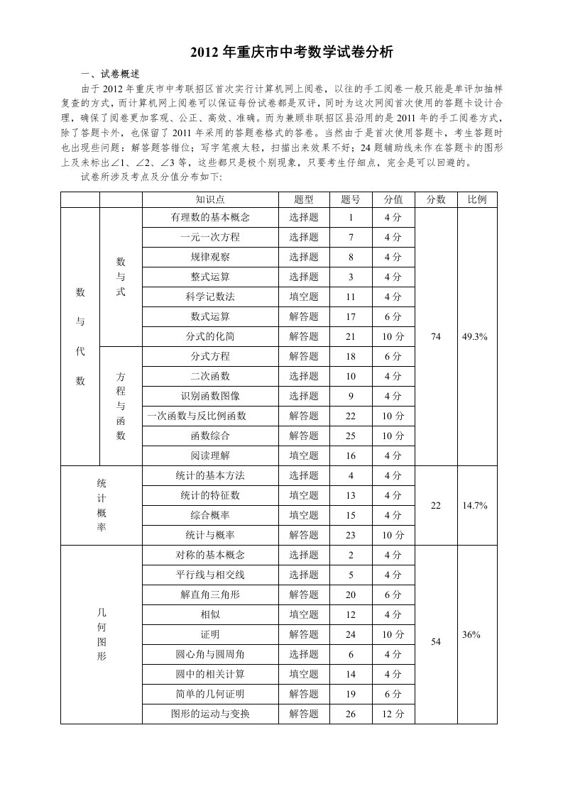 重庆中考数学试卷分析