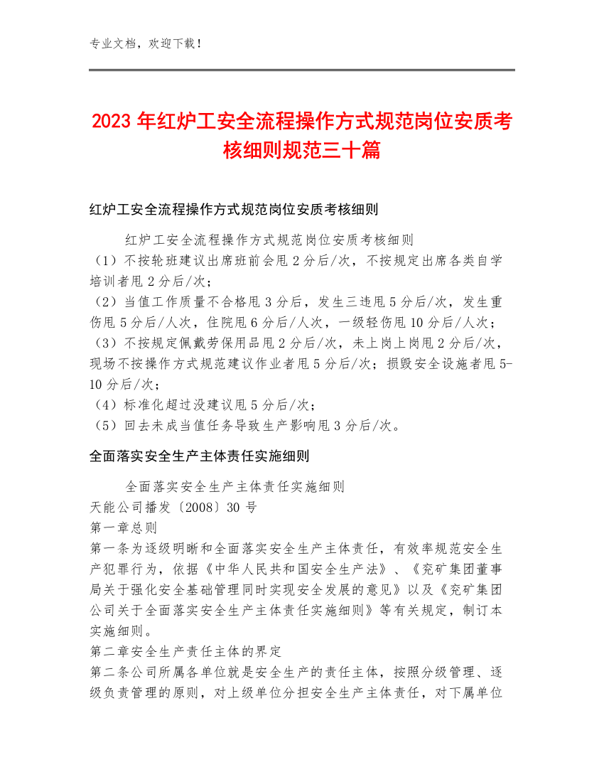 2023年红炉工安全流程操作方式规范岗位安质考核细则规范三十篇