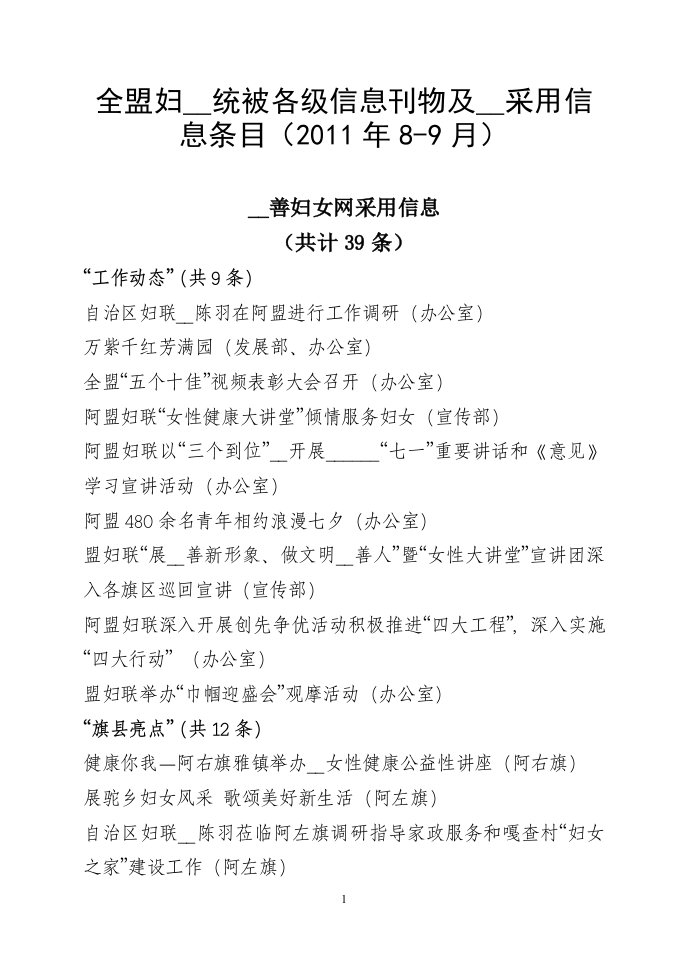 全盟妇联系统被各级信息刊物及网站采用信息条目（2011年8-9月）